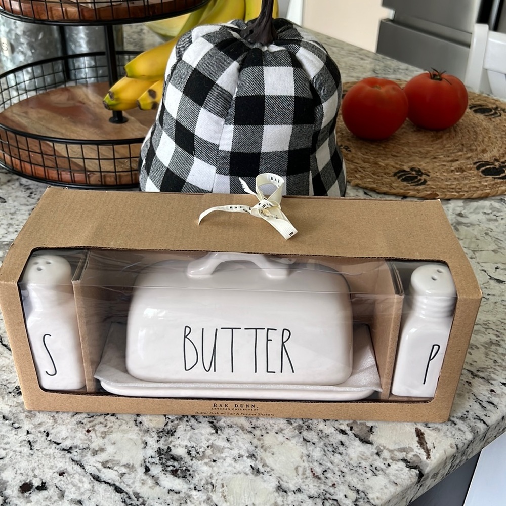 Rae Dunn salt and pepper shaker and butter holder